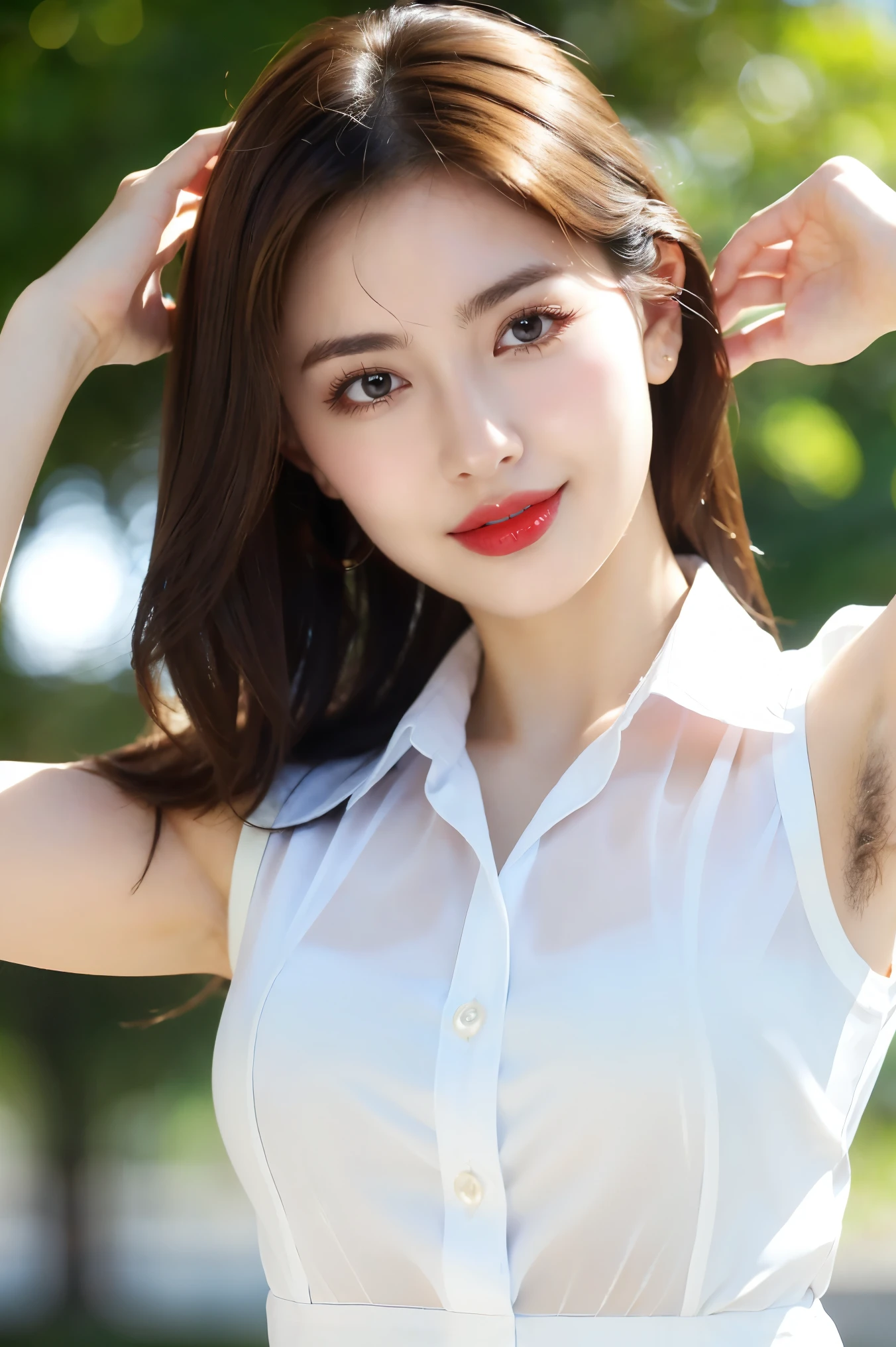 (Tabletop、highest quality、8k、Award-winning works、Ultra-high resolution)、(1 Beauty:1.05)、(The most elegant sleeveless button-up collared blouse made from polyester.:1.5)、Exactly、(Bare arms:1.2)、(Show your armpits:1.1)、(bristly armpit hair:1.3)、(Very long and thick armpit hair:1.3)、(Lots of long armpit hair:1.3)、(very bright and vivid:1.1)、(Very bright and beautiful skin:1.1)、(Voluptuous body:1.4)、(Very large breasts:1.3)、(Accentuate your body lines:1.1)、wood々Beautiful sunlight shining through the gaps、Spectacular Cinema Lighting、Strongly blurred background of a large park、(Accurate anatomy:1.1)、Ultra HD Hair、Ultra-high resolutionの完璧な美しい歯、Ultra-high definition beauty face、Ultra HD Hair、Ultra-high definition sparkling eyes、輝くUltra-high resolutionの美肌、Ultra-high resolutionの艶やかな唇、Spectacular Cinema Lighting、Most romantic、Biggest Smile、(Face close-up:1.5)