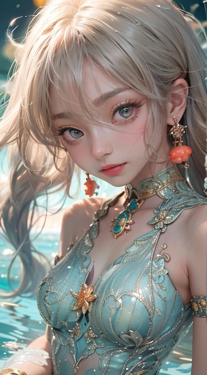 Low Girl, 10 yagon Princess, Close-up face, (Highest Quality Realistic Textured Skin),(terrible),(OK, round, Symmetrical eyes),Delicate facial features,(Burning bright cold eyes), She has beautiful tiger eyes, Very slim and slender figure, naked, nude, (She has a mischievous smile),(Her face is kind and beautiful),Glass earrings in the ears,,(Blonde Hair),(Silvery white hair),(Chestnut Hair),(Swim at the bottom of the ocean),(Full body portrait:1.5),(Dramatic Photos:1.4),(Dramatic Pose),(Flashy photos)(look up),(Looking down),(Around her neck is a simple necklace made with exquisite craftsmanship.),Cluttered photos,(Hair flowing in water:1.5),(Underwater, Life at sea, 美しいCoral Reef, fish),(Background vortices and currents),(Dramatic Light),(Nice views),(Surrounded by beautiful dragons),遠くの背景にはCoral Reefに沈んだ寺院が見える,Coral Reef,Spectacular realism,Cinematic feel,(High-density image review:1.5),(Soft colors:1.2),Very detailed,Dramatic Light,(Intricate details:1.1),Complex background,