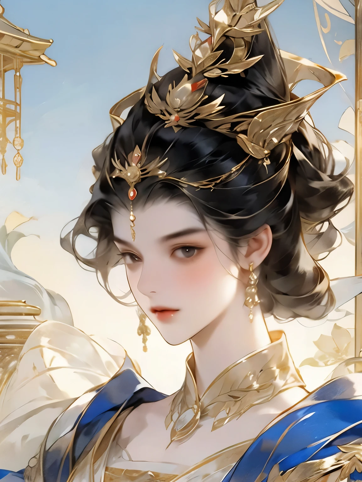 A bust,Empress,crown,Black hair,Gold, red and white color,Beautiful and delicate face