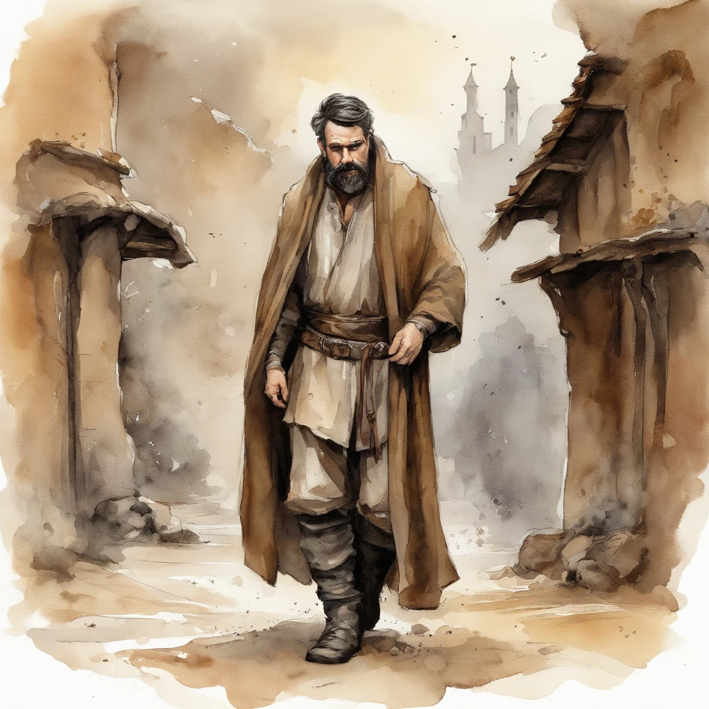 comic style, Taupe Brown theme, A 45 year old man, Medieval European fantasy, Short black hair, short scraggly beard, angry man, sunken eyes, pointed nose, Full body, fantasy character travellers clothes, travellers robe, Leather boots, White wall background, artistic drawing