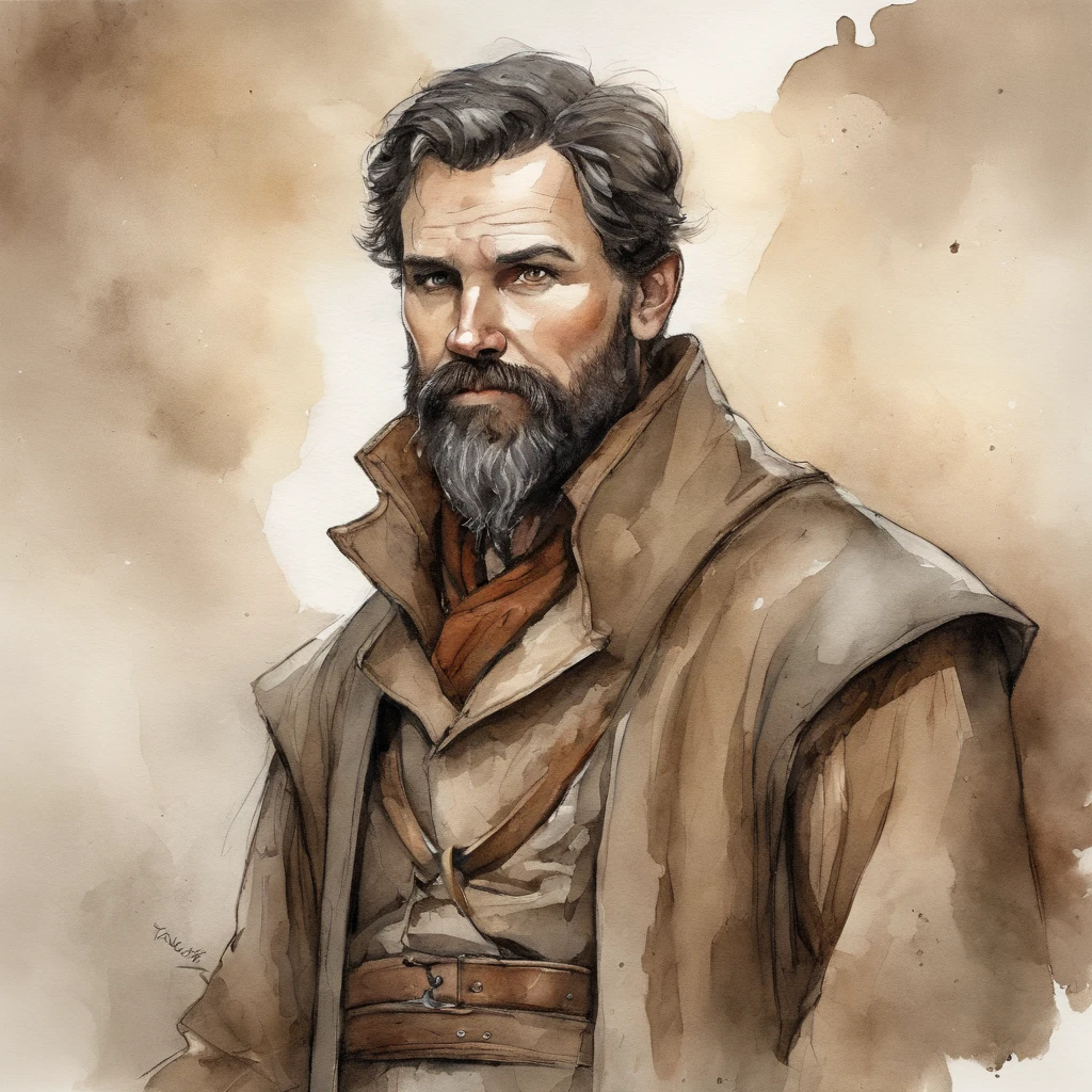 comic style, Taupe Brown theme, A 45 year old man, Medieval European fantasy, Short black hair, short scraggly beard, angry man, sunken eyes, pointed nose, Full body, fantasy character travellers clothes, travellers robe, Leather boots, White wall background, artistic drawing