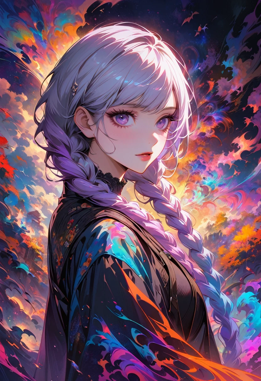 realist, (masterpiece, top quality, best quality, official art, beauty, Atmospheric, cosmic, Gothic, Psychedelic, dreamlike, fear, Tokyo Ghoul and Devil May Cry style: 1.2), Very detailed, fractal art, Gorgeous, More detail, Zentangle, (abstract background: 1.5) ( Chico: 1.3), a girls Looking back over shoulder, yinji, purple hair, purple eyes, long hair, white hair, double braids, gradient hair, Japanese folk style