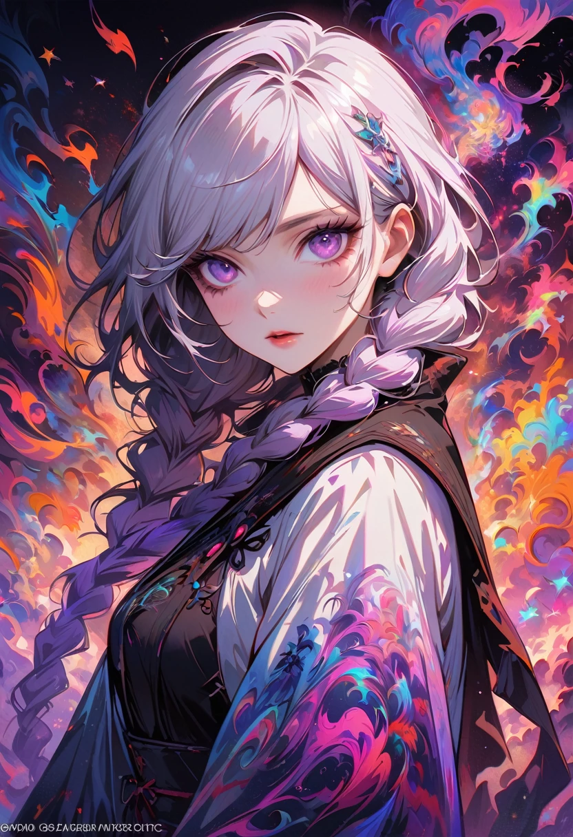 realist, (masterpiece, top quality, best quality, official art, beauty, Atmospheric, cosmic, Gothic, Psychedelic, dreamlike, fear, Tokyo Ghoul and Devil May Cry style: 1.2), Very detailed, fractal art, Gorgeous, More detail, Zentangle, (abstract background: 1.5) ( Chico: 1.3), a girls Looking back over shoulder, yinji, purple hair, purple eyes, long hair, white hair, double braids, gradient hair, Japanese folk style