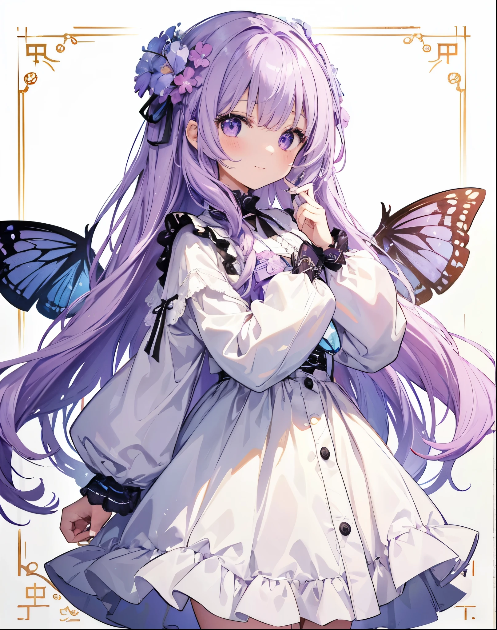No background、Background white、High resolution、FHD、high resolution、High chroma、Line art、anime、Retro、Antique、Coloring book、collage、girl、Light purple hair、Light blue and purple hair color、Long Hair、Curly long hair、Light color、one piece、Frills、Sparkle in the eyes、highlight、smile、cute、whole body、No cuts in sight、I can't see it、Refers to 5 books、Life-size、butterfly々、It has wings、紫陽flower、flower、No background、Background white、Background whiteい
