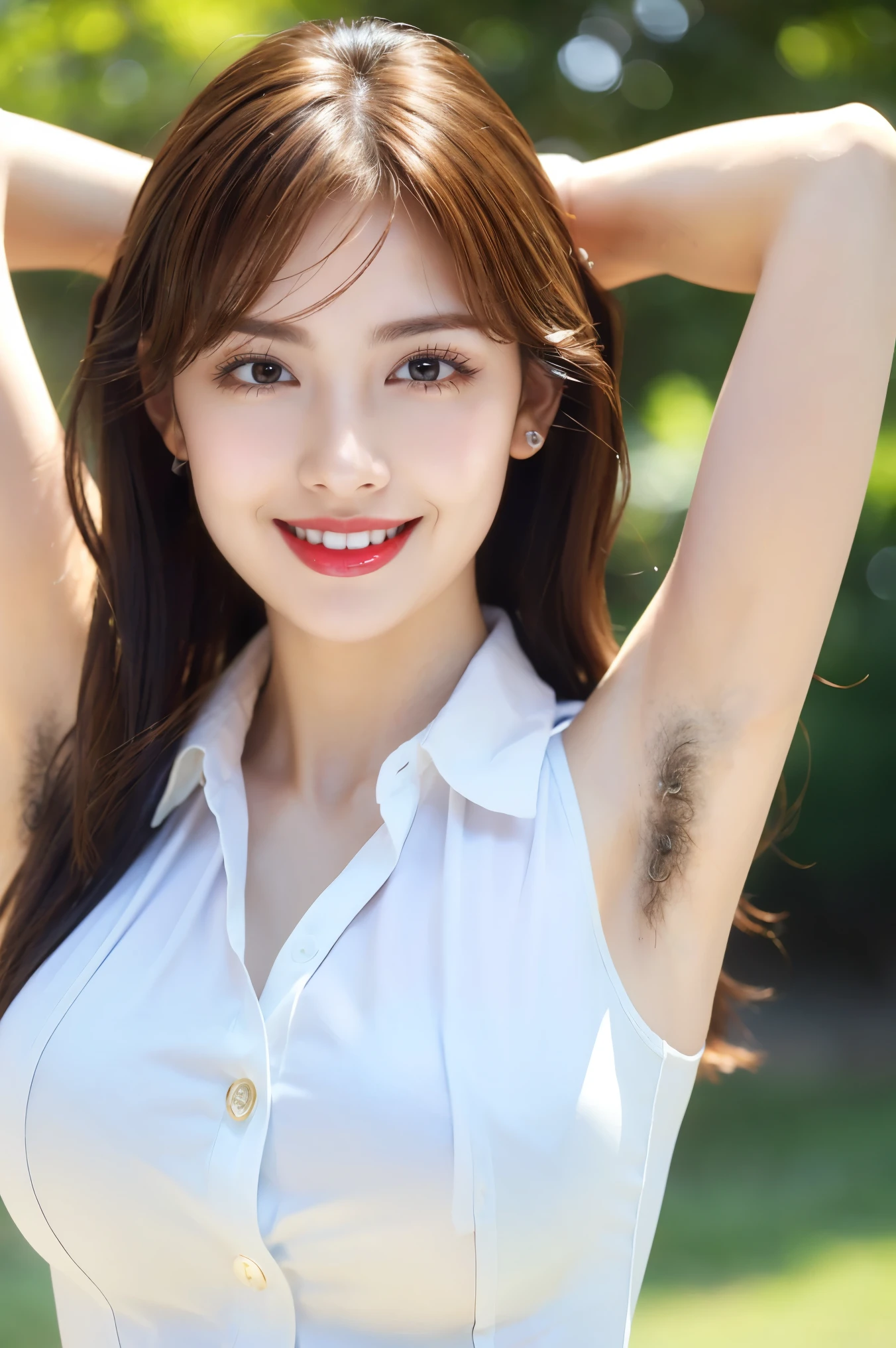 (Tabletop、highest quality、8k、Award-winning works、Ultra-high resolution)、(1 Beauty:1.05)、(The most elegant sleeveless button-up collared blouse made from polyester.:1.3)、Exactly、(Bare arms:1.2)、(Show your armpits:1.1)、(bristly armpit hair:1.5)、(Very long and thick armpit hair:1.5)、(very bright and vivid:1.1)、(Very bright and beautiful skin:1.1)、(Voluptuous body:1.4)、(Very large breasts:1.3)、(Accentuate your body lines:1.1)、wood々Beautiful sunlight shining through the gaps、Spectacular Cinema Lighting、Strongly blurred background of a large park、(Accurate anatomy:1.1)、Ultra HD Hair、Ultra-high resolutionの完璧な美しい歯、Ultra-high definition beauty face、Ultra HD Hair、Ultra-high definition sparkling eyes、輝くUltra-high resolutionの美肌、Ultra-high resolutionの艶やかな唇、Spectacular Cinema Lighting、Most romantic、Biggest Smile、(Face close-up:1.5)