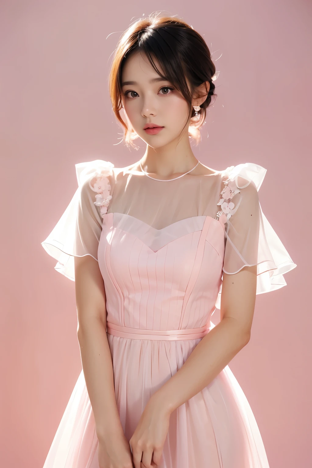 Beautiful woman wearing a translucent short-sleeved dress in a pink and white gradient, Magazines, Flower background, Short cut,