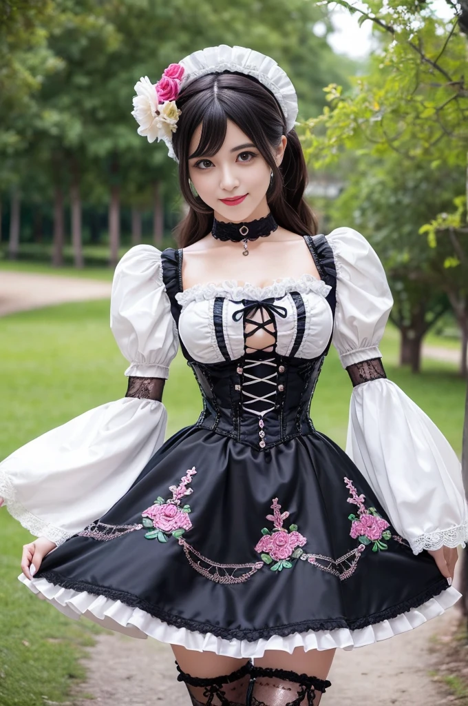 sexy stylish Spanish model, only 1 female, ((doll-like appearance)), ((ultra detailed Victorian-Style boots)), (big smile), ultra detailed eyes, vivid eye makeup, lipgloss, long lashes, defined eyebrows, ((sexy Paradise Kiss cosplay)), bell-shaped skirt, petticoats, high neckline, puffed sleeves, (( ultra detailed lace)), ((ultra detailed embroidery)), intricate details, Paradise Kiss accessoires and matching headpiece, choker, ((large sparkling Paradise Kiss jewelry)), cinematic light, detailed large park background with trees