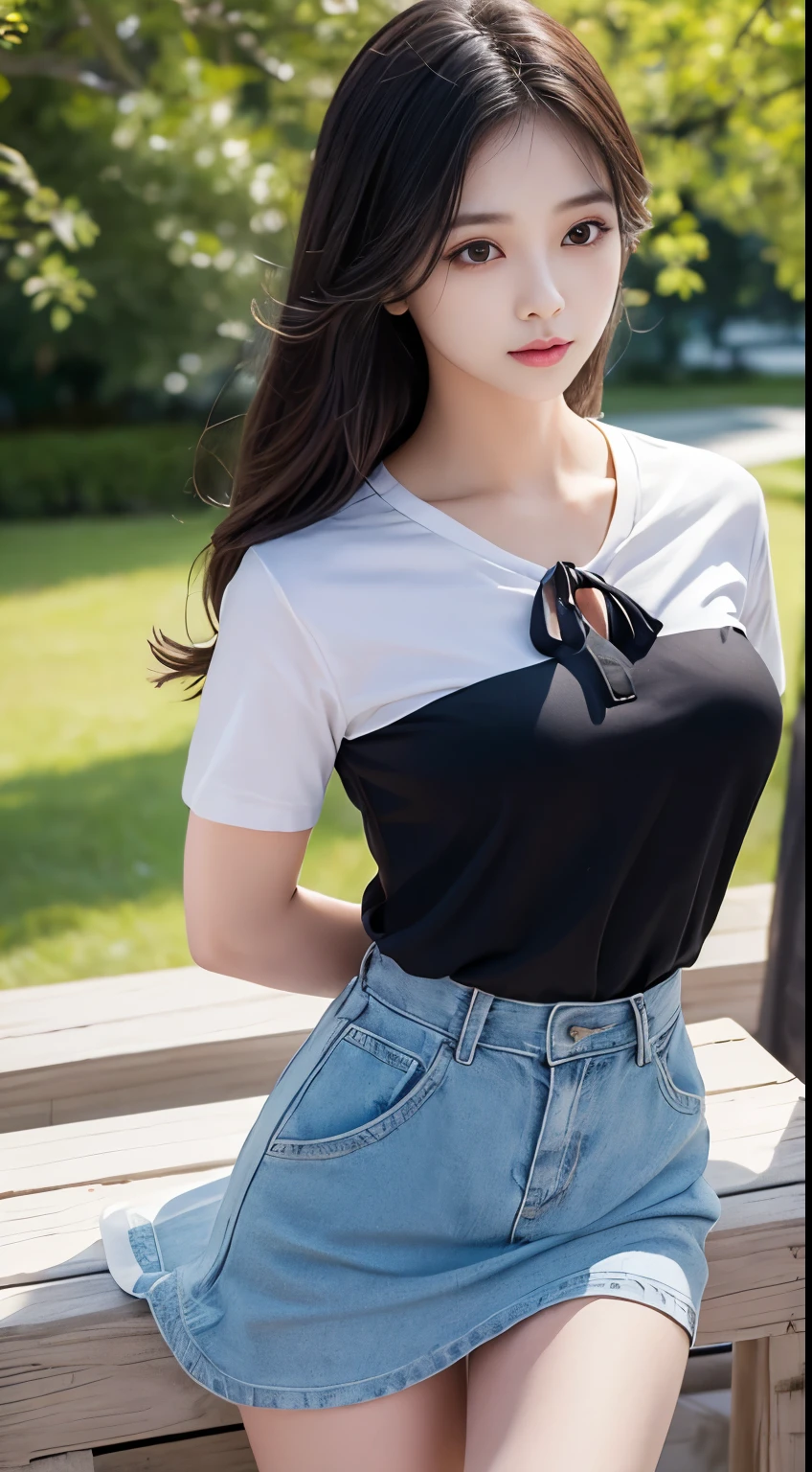 8k, Raw photo, highest quality, masterpiece:1.2), masterpiece, highest quality, figure, Very detailed, Fine details, High resolution, 8k,wallpaper, Perfect dynamic composition,(Detailed high quality, Realistic depiction of eyes:1.3)、A woman who has been and tied up、Hands behind your back、Standing by the lake、Facing forward、21talent、Beauty、Well-formed face、Make your eyes even、Beautiful black hair、Has bangedium build、Well-balanced proportions、Beautiful legs、Short sleeve shirt、Long skirt、