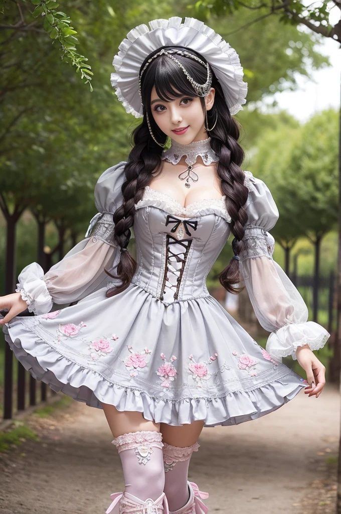 sexy stylish Spanish model, only 1 female, ((doll-like appearance)), ((ultra detailed Victorian-Style boots)), (big smile), ultra detailed eyes, vivid eye makeup, lipgloss, long lashes, defined eyebrows, ((sexy Paradise Kiss cosplay)), bell-shaped skirt, petticoats, high neckline, puffed sleeves, (( ultra detailed lace)), ((ultra detailed embroidery)), intricate details, Paradise Kiss accessoires and matching headpiece, choker, ((large sparkling Paradise Kiss jewelry)), cinematic light, detailed large park background with trees 