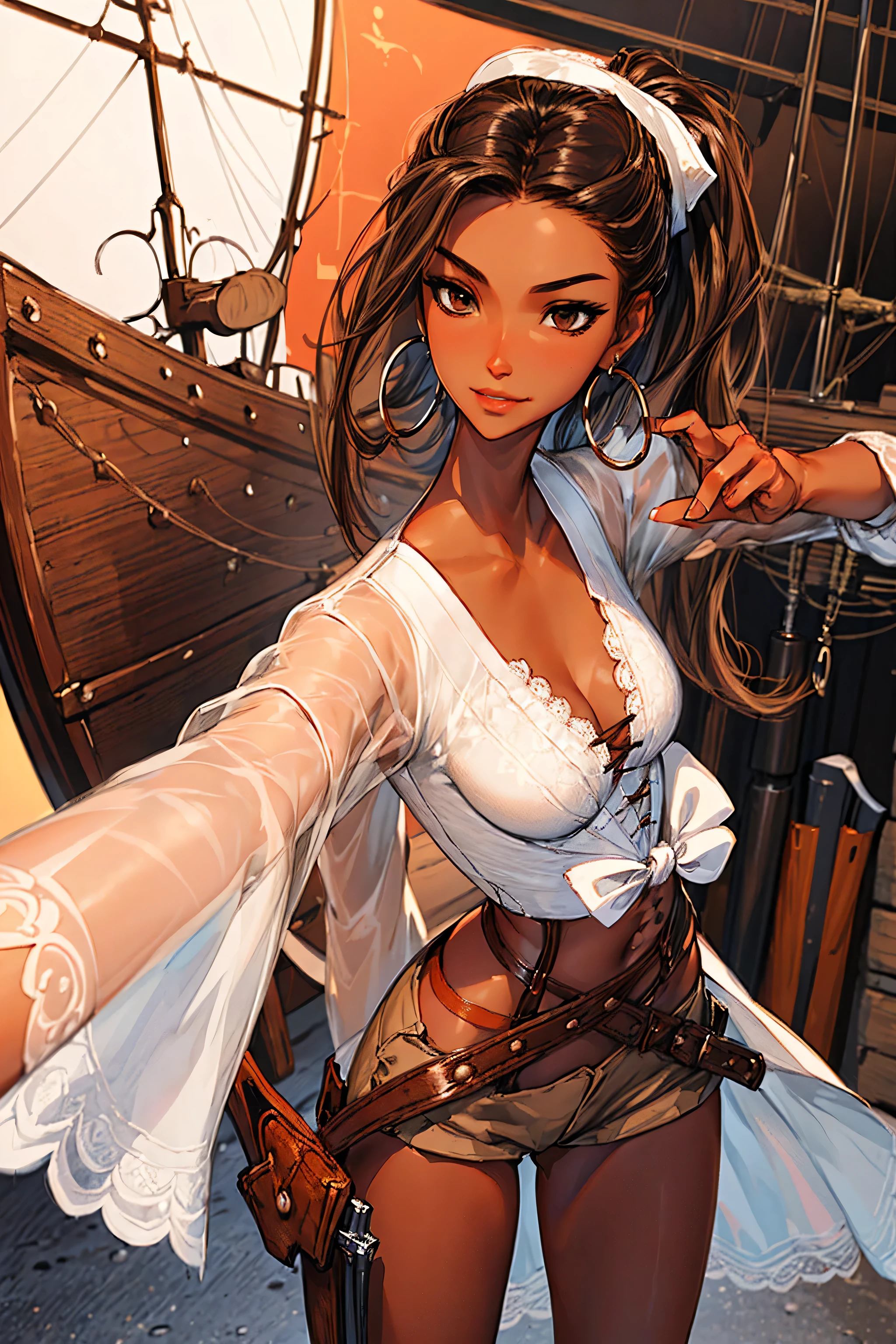 (masterpiece), best quality, expressive eyes, perfect face, (pirate ship background), (standing), (smirk), (closeup view), (1girl, vanessa alessia, dark skin, tanned skin, brown hair, wavy hairstyle, brown eyes, hourglass figure, thin body, skinny body, petite_body, medium breasts, thick thighs, long fingernails, brown plaid head wrap, white front lace blouse, long sleeve, loose fit, brown leather corset, brown leather shorts, brown boots, sheathed cutlass sword, flintlock pistol in holster, hoop earrings, miscellaneous jewelry)