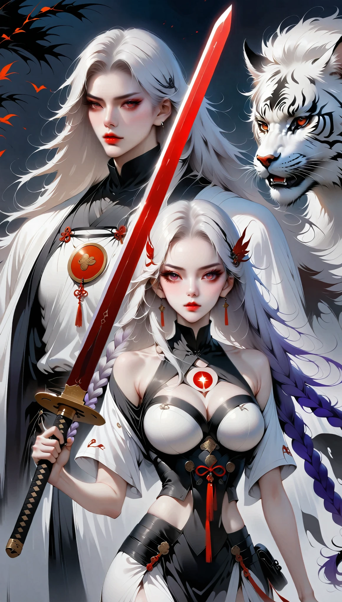 Girl with sword，Simple lines minimalism，Abstract Art，(((Holding a red long sword，White long hair，Symmetrical hair accessories，Purple double long braids，High Neck Off Shoulder Cropped Short Sleeve Top，Round glow on chest，Skirt slit，Holding a long sword))).Mysterious man in cloak：1.37，Xian Xia，Martial Arts，Jianghu，landscape，strength，action