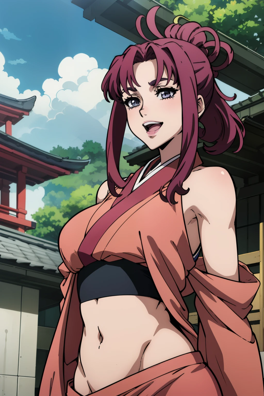 1girl, viletta vadim,
long hair, masterpiece, best quality, highly detailed, a anime girls in kimono dress with a sword posing for a
picture, bare shoulder,open kimono, evil smile, , crop top ,, smile,
ecchi anime style, anime girls, ecchi style, ecchi, digital anime art!!, in anime style, official artwork, visual
novel cg, beautiful anime girl, anime style 4 k, kimono pencil skirt, exposed belly, exposed navel,
exposed midriff, exposed lower belly, outdoor, japanese architecture, temple