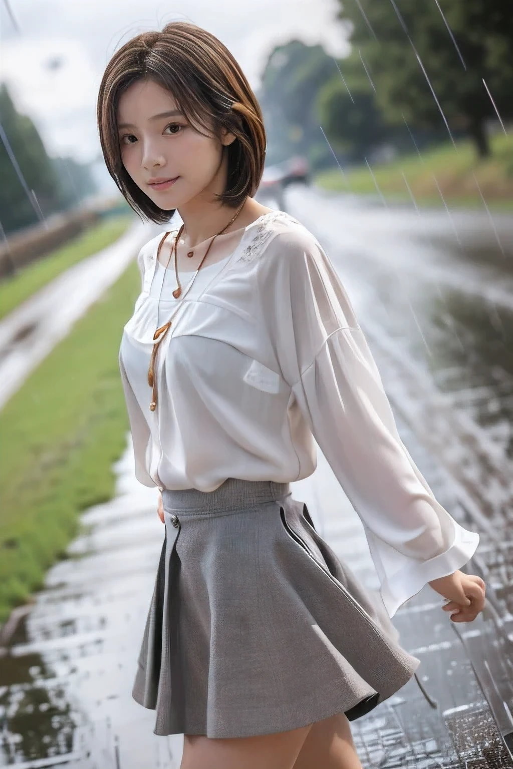 (An 18-year-old woman walking through the rain:1.5)、(Soaking wet:1.2)、(The best quality at its best:1.4), (Super detailed), (Very detailed CG unified 16k), Beautiful woman with perfect figure: 1.4, Sharp focus: 1.2, Very detailed, High-quality RAW color photos, Professional photography, Great face and eyes, cosmetics, (Amazingly beautiful girl), ((White blouse、Grey flared skirt:1.5)), Sexy posture，(View from below), Realistic movie faces, Wide zoomed out view of head to foot length, Full body long view, Realistic, ((Realistic natural orange red hairstyle, Realistic blue eyes)), ( Short Bob Hair:1.5), (necklace:1.5)、, Very beautiful face, Perfect model beauty, Mouth swelling, Highly detailed face and skin texture, Fine grain, double eyelid, Medium chest, smile, Crack, west, (masterpiece), highest quality, High resolution, Very detailed, Blurred Background, Depth of written boundary, Cinema Lighting, Great legs, , Clear, well-maintained skin, (((Women make up the majority of the photo)))