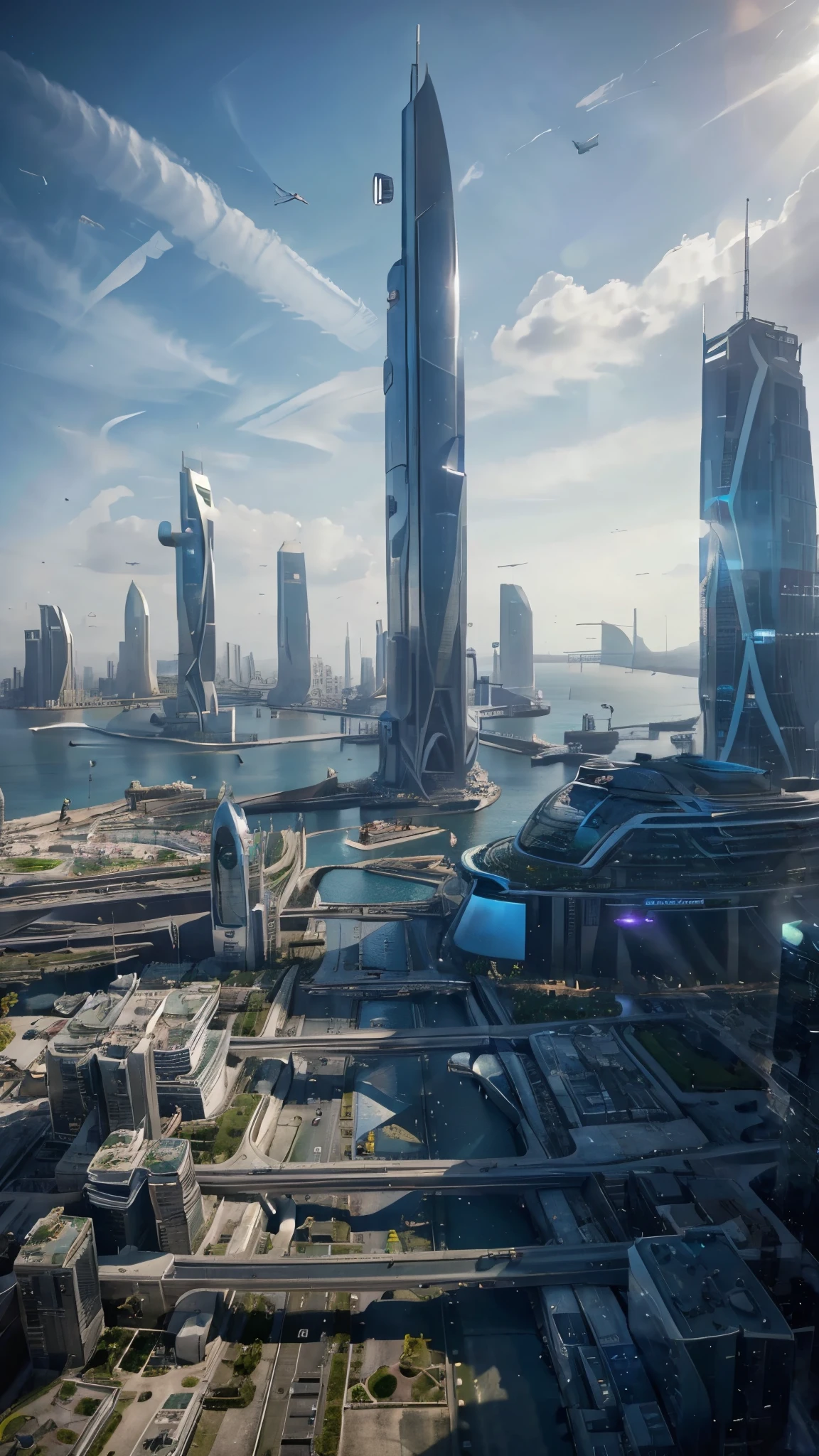 The view from the spaceship,Soft sunlight，futuristic city:1.3,port,Flying spaceship,Skyscraper,masterpiece,best quality,Ultra-high resolution,(Super detailed:1.2),8K,Reality,best aesthetics,beautiful