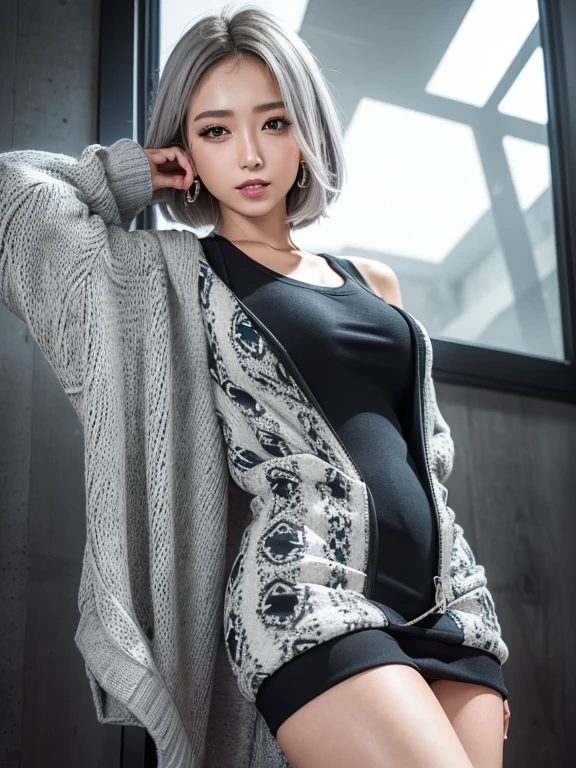 Masterpiece, 8K, award-winning photos, photorealistic, realistic:1.37 , ultra detailed, ultra high definition, ray tracung, 
_
the most beautiful, 22 years old ,(sexy,Japanese adult movie actress , gray hair, short hair),shiny skin , detailed skin , detailed face , detailed eyes ,
_
cleavage showing, expose breasts 
_
BREAK (droopy eyes, Natural makeup,smirk,listening teeth1.2),light color medium breasts, 
_
glowing eyes, tanned skin,
_
BREAK (black and White theme:1.4), (wear a (oversized, big size, bluish sweat long sweatshirt,long sweater:1.3),(unzipped dress), (on Geometric patterns print:1.2), over a tight gray tank top),(silver necklace,silver earring),
_
Inorganic concrete studio with windows, highly detailed background, , ultra-realistic textures, dramatic lighting ,raw photo, 1 ultra hot sexy girl,
_(full body,from below), looking at viewer,