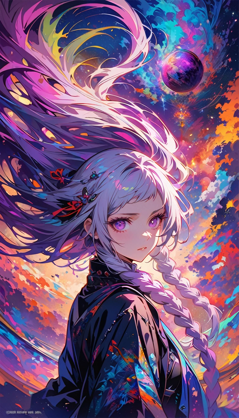 realist, (masterpiece, top quality, best quality, official art, beauty, Atmospheric, cosmic, Gothic, Psychedelic, dreamlike, fear, Tokyo Ghoul and Devil May Cry style: 1.2), Very detailed, fractal art, Gorgeous, More detail, Zentangle, (abstract background: 1.5) ( Chico: 1.3), a girl, yinji, purple hair, purple eyes, long hair, white hair, double braids, gradient hair, Japanese folk style