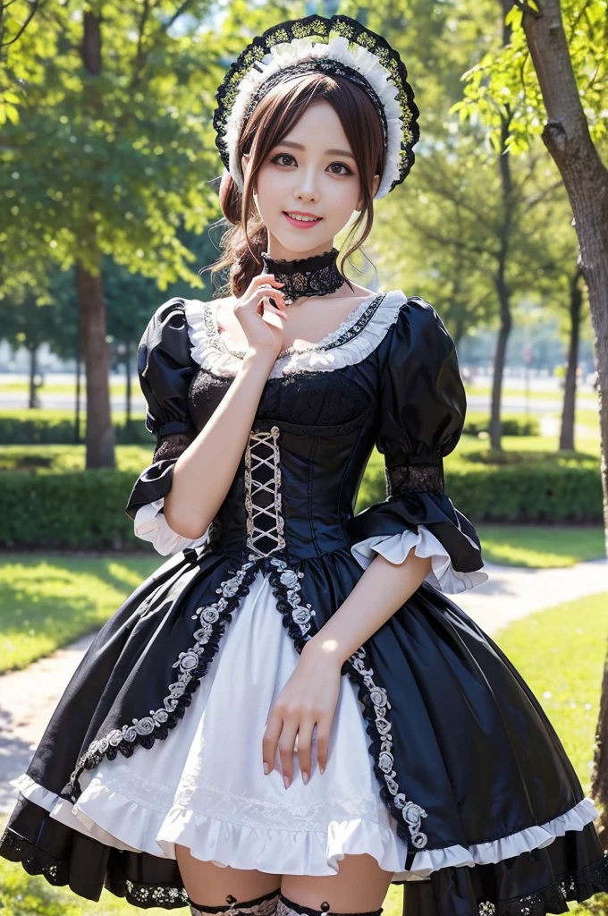 sexy stylish Swedish model, only 1 female, ((doll-like appearance)), ((ultra detailed Victorian-Style boots)), (big smile), ultra detailed eyes, vivid eye makeup, lipgloss, long lashes, defined eyebrows, ((sexy Paradise Kiss cosplay)), bell-shaped skirt, petticoats, high neckline, puffed sleeves, (( ultra detailed lace)), ((ultra detailed embroidery)), intricate details, Paradise Kiss accessoires and matching headpiece, choker, ((large sparkling Paradise Kiss jewelry)), cinematic light, detailed large park background with trees