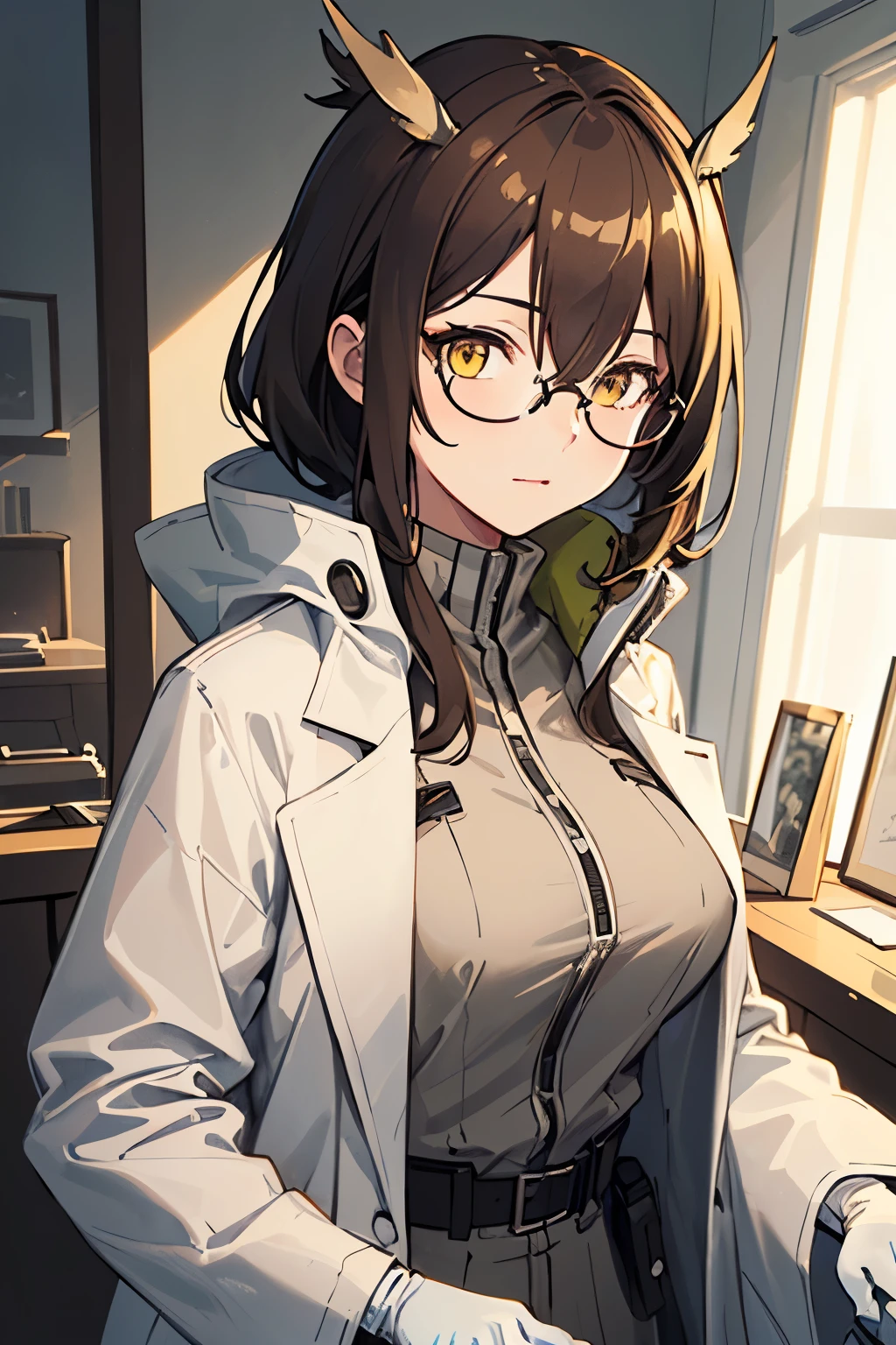 (best quality:1.3), (masterpiece:1.3), (illustration:1.3), (ultra-detailed:1.3), 1girl, solo, large breasts, brown hair, glasses, lab coat, coat, gloves, silence_arknights, mature, yellow eyes, indoors, 