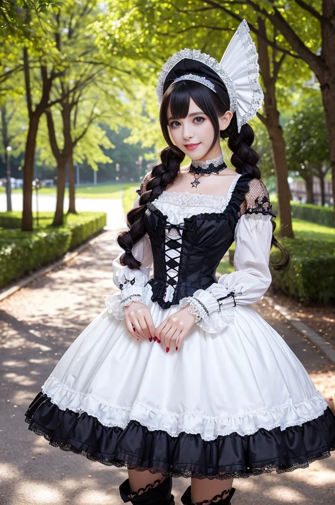 sexy stylish Swedish model, only 1 female, ((doll-like appearance)), ((ultra detailed Victorian-Style boots)), (big smile), ultra detailed eyes, vivid eye makeup, lipgloss, long lashes, defined eyebrows, ((sexy Paradise Kiss cosplay)), bell-shaped skirt, petticoats, high neckline, puffed sleeves, (( ultra detailed lace)), ((ultra detailed embroidery)), intricate details, Paradise Kiss accessoires and matching headpiece, choker, ((large sparkling Paradise Kiss jewelry)), cinematic light, detailed large park background with trees