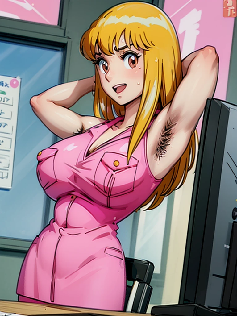 (Reiko Akimoto, solo), (sleeveless, pink police uniform), embarrassing big smile, (masterpiece, best quality), delicate illustration ultra-detailed, sagging huge breasts, (in police box, desk), ((showing hairy armpit hair)), upper body only, sweating, hand behind head, stomach hair, bukkake, cum shot, hentai atmosphere, blonde