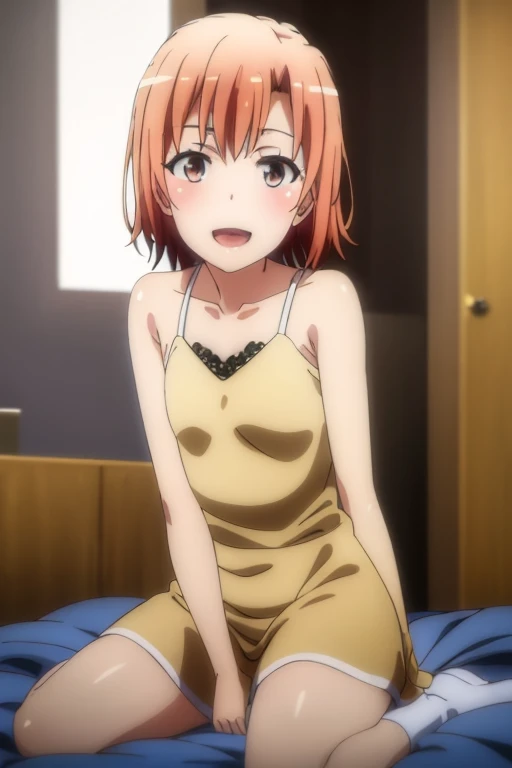 ((highest quality)), ((masterpiece)), (be familiar with), Perfect Face, indoor, Bedroom, Watching the audience,
One woman, Yuigahama Yui,
Open Mouth, Ecstatic expression, blush, smile,
Small breasts, Flat Chest, Young Girl, , , Girl,
Short Hair, Salmon-colored hair, Salmon-colored eyes, Side Pony,
Leg spread,