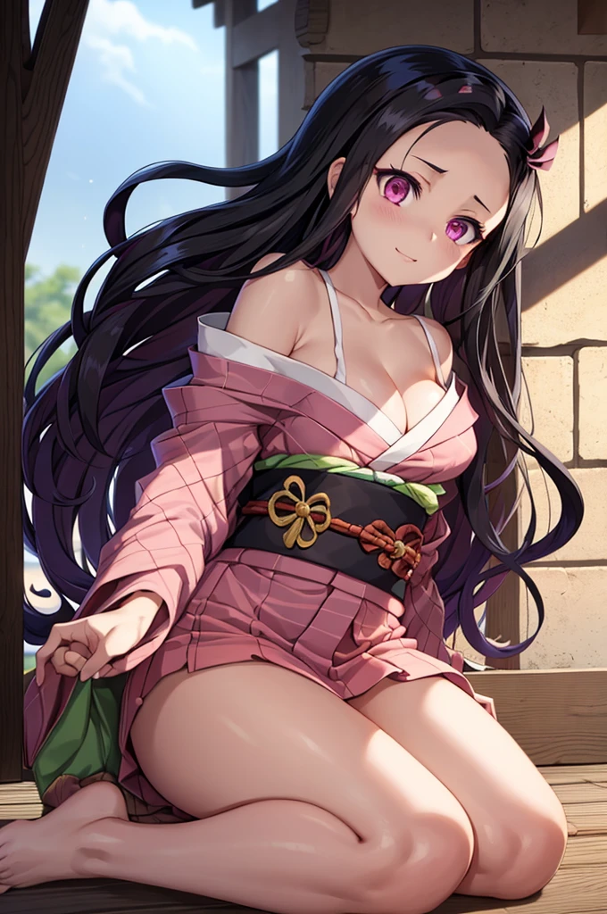 1girl, 1girl nezuko full body, Nezuko Kamado, Nezuko Kamado demon slayer, kamado nezuko, (anime: demon slayer), sexy, female body, perfect body, fullbody, pink enchanting eyes, dark black hair, black hair, black long hair, sexy, perfect body, wearing: revealing kimono, kimono open, exposing cleavage, exposed shoulders, pink panties, pink bra, sexy panties and bra, alluring, beautiful woman body, nezuko, ultrasharp, 4k picture, highly detailed, erotic, seductive, beautiful, nezuko, nezuko kamado, demon slayer, nezuko, perfect body, hot, seductive, stunning, explicit, detailed, nezuko.
