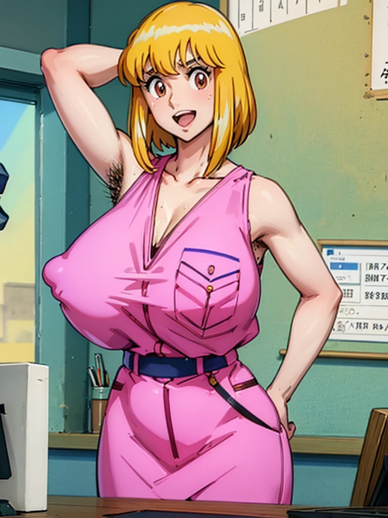 (Reiko Akimoto, solo), (sleeveless, pink police uniform), embarrassing big smile, (masterpiece, best quality), delicate illustration ultra-detailed, sagging huge breasts, (in police box, desk), ((showing hairy armpit hair)), upper body only, sweating, hand behind head, stomach hair, bukkake, cum shot, hentai atmosphere, blonde