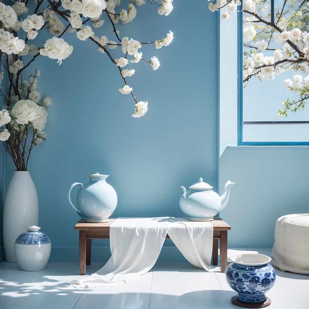 This is a blue and white porcelain art design pattern。The lines are three-dimensional, transparent and shiny，It has a traditional Chinese style，Color is white、blue、Mainly light blue。The picture is centered on a circular composition.，The peony flowers in full bloom in the center stand out，It is a symbol of wealth and good fortune.，Delicate petals，Blue and white，Revealing the quaint elegance of blue and white porcelain。Around Peony，Carefully arranged lotus、Chrysanthemum and plum blossom，Each represents summer、autumn、Purity of winter、Elegance and toughness，Four seasons flowers surround，It symbolizes the cycle of time and the endless cycle of nature.。The lines of all the flowers are drawn with strength and softness.，Demonstrates exquisite techniques and profound artistic conception。

Background processing，I used a delicate and gentle wavy texture，Simulate the unique glaze texture of blue and white porcelain，那抹淡淡的天blue如同静谧的湖水，Bring peace and tranquility to the soul。The edge is surrounded by a continuous spiral border，This traditional pattern not only decorates the picture，It also gives the work a sense of sedimentation and structural integrity.。

The whole design is particularly exquisite in the treatment of light and shadow，The light seems to slowly overflow from the deepest part of the picture.，Softly and evenly stroke each petal、Every texture，Make every detail appear three-dimensional and vivid。This design retains the ancient oriental charm，It also incorporates the simplicity and purity of modern aesthetics，Besides watching，It seems that I can smell the elegant scent of ink，Feel the peace that comes from time and space。