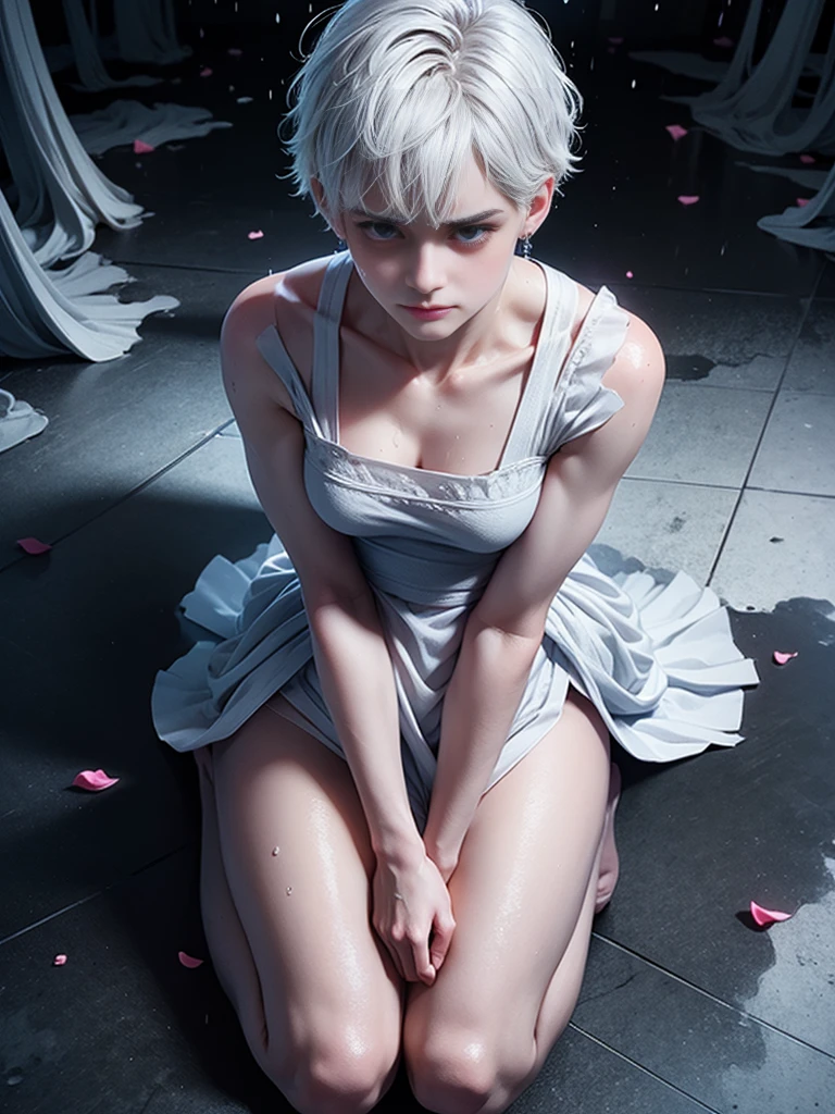 a handsome man, a slender young man with white short hair and cat ears, his pale skin without fur, wearing only a black apron, kneeling on the bed in a pure white bedroom,wet clothes,striking blue eyes, (best quality,4k,8k,highres,masterpiece:1.2),ultra-detailed,(realistic,photorealistic,photo-realistic:1.37),HDR,UHD,studio lighting,ultra-fine painting,sharp focus,physically-based rendering,extreme detail description,professional,vivid colors,bokeh