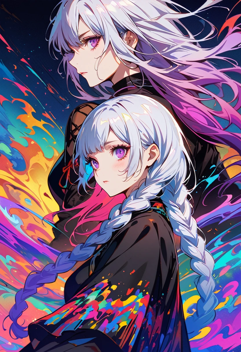 realist, (masterpiece, top quality, best quality, official art, beauty, Atmospheric, cosmic, Gothic, Psychedelic, dreamlike, fear, Tokyo Ghoul and Devil May Cry style: 1.2), Very detailed, fractal art, Gorgeous, More detail, Zentangle, (abstract background: 1.5) ( Chico: 1.3), 2 girls Looking back over shoulder, yinji, purple hair, purple eyes, long hair, white hair, double braids, gradient hair, Japanese folk style