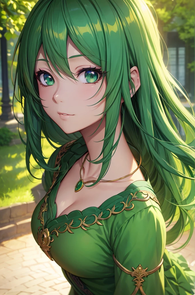 a close up of a woman with a green dress and a necklace, artwork in the style of guweiz, realistic anime 3 d style, beautiful anime portrait, anime realism style, detailed portrait of anime girl, beautiful character painting, by Yang J, stunning anime face portrait, realistic anime artstyle, portrait of an anime girl, beautiful anime style