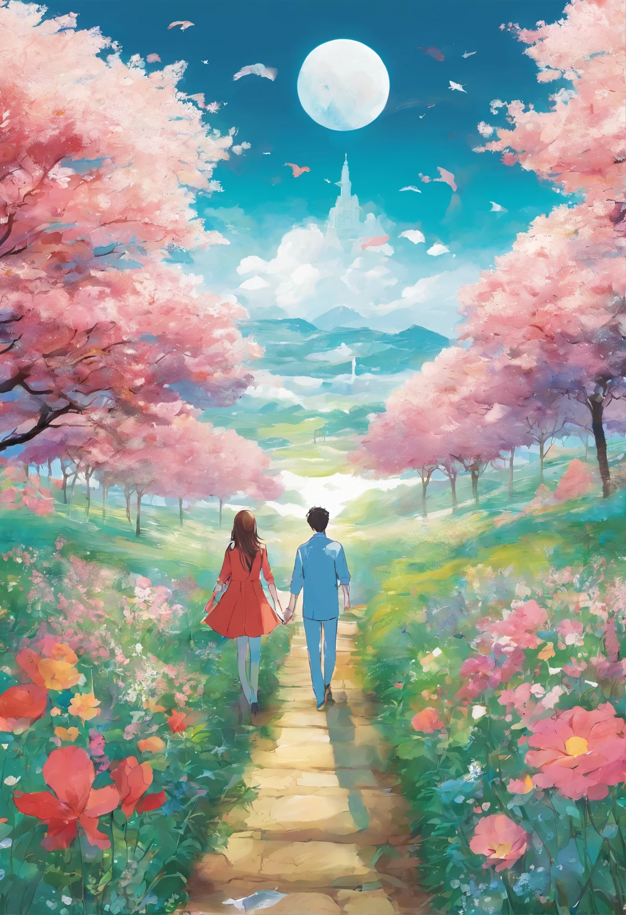 there is a poster of a man and a woman walking through a field of flowers from far angle , . digital art, by Marshall Arisman, cover illustration, , book cover illustration, by Brigette Barrager, album cover, novel cover art for a book, art concept for a book cover, cover art, official fanart, romance book cover style, by Ayami Kojima, mazarineee, album art, album cover!, aquamarine, the album is called tripmachine, detailed fanart, detailed photo of an album cover