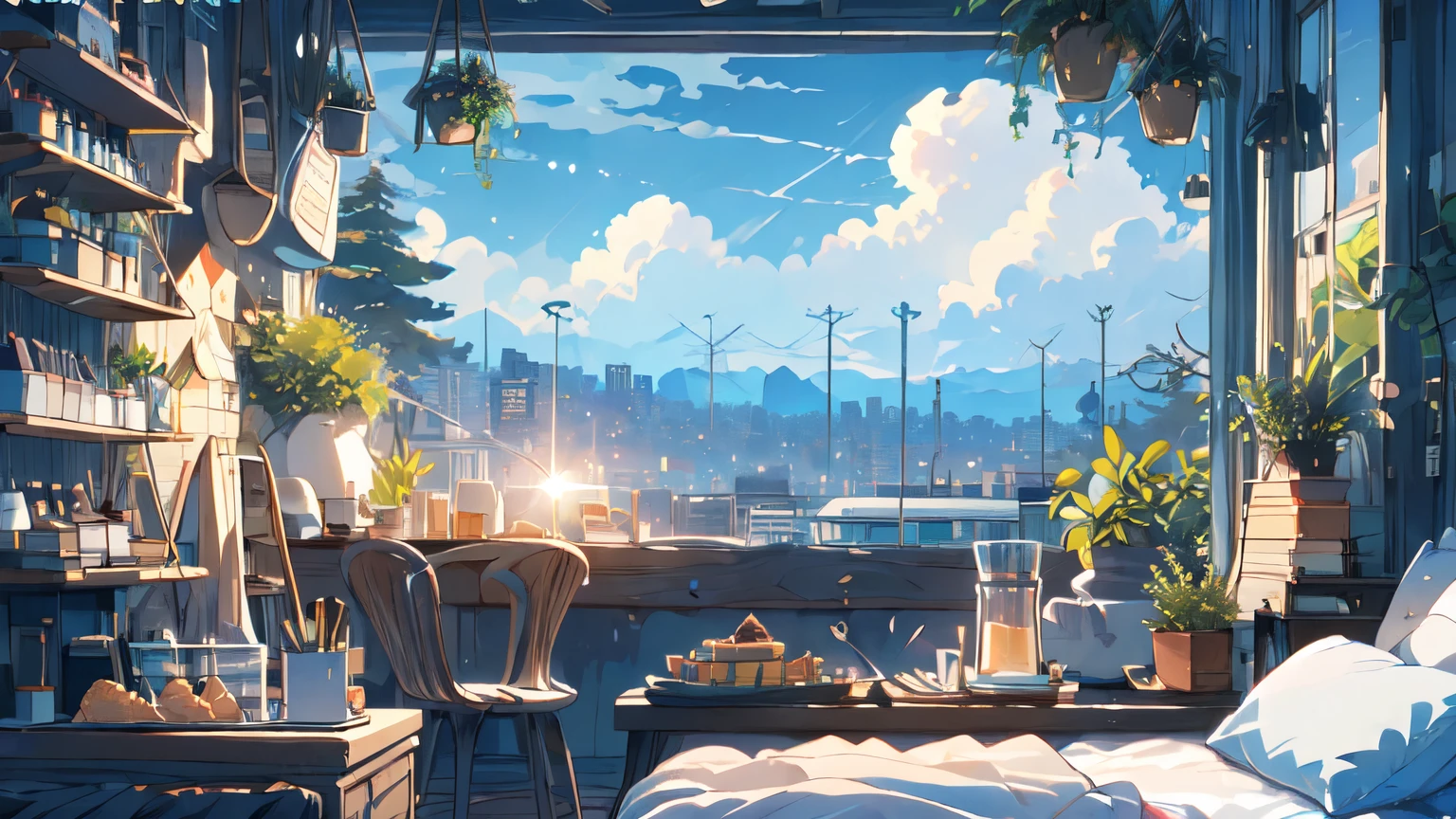 (masterpiece:1.2), highest quality,Pixiv,Pleasant animation scenes,
scenery, cityscape, city, nullscraper, building, window, cloud, null, food, indoor, computer, Book, bed, table, clock, pillow, No humans, Chair, cake, monitor, cup, dish, nullline, Lie in
 