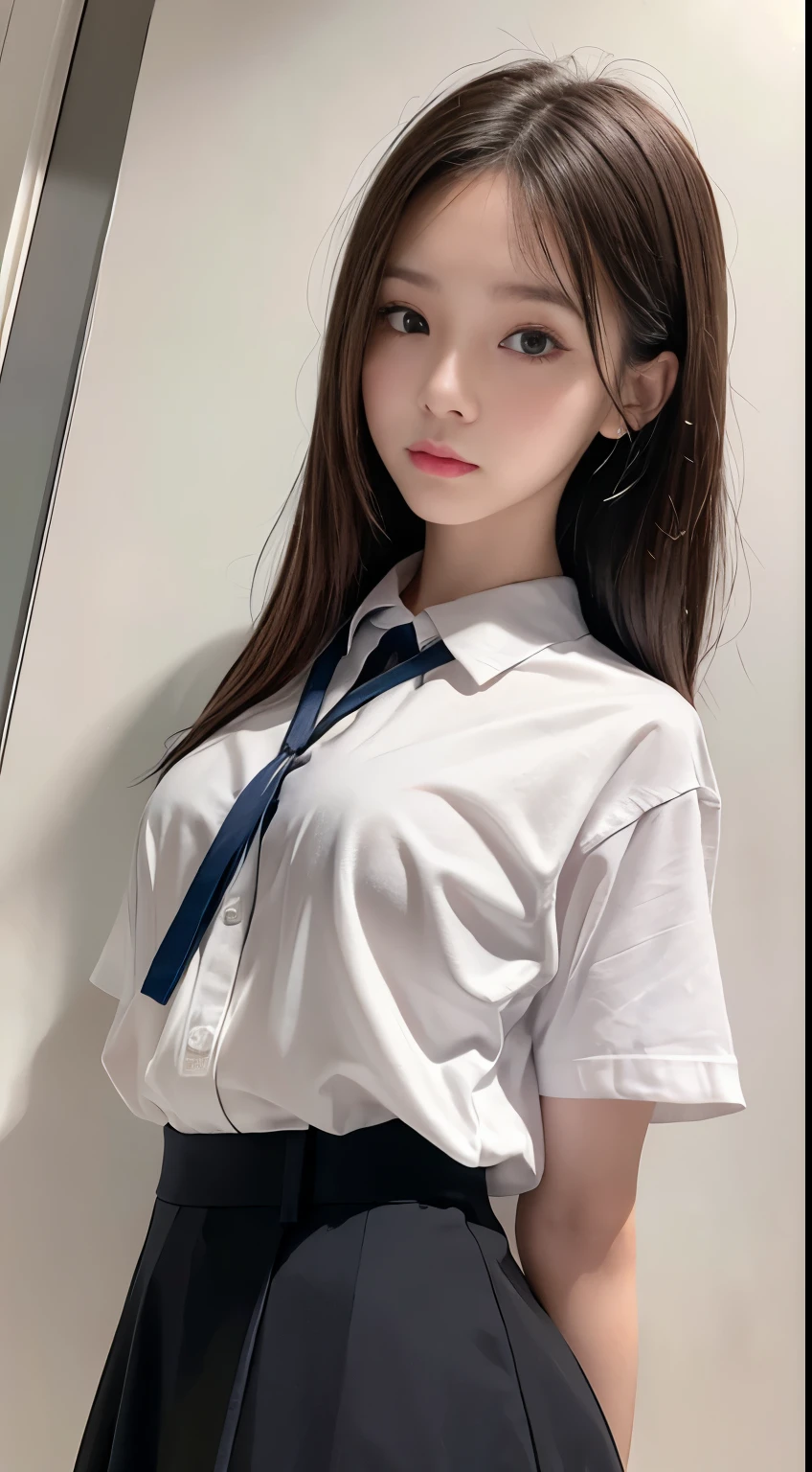 8k, Raw photo, highest quality, masterpiece:1.2), masterpiece, highest quality, figure, Very detailed, Fine details, High resolution, 8k,wallpaper, Perfect dynamic composition,(Detailed high quality, Realistic depiction of eyes:1.3)、From the front of the viewer、A woman who has been and tied up、Hands behind your back、Standing by the lake、White panties are visible、Facing forward、21talent、Beauty、Well-formed face、Make your eyes even、Beautiful black hair、Has bangedium build、Well-balanced proportions、Beautiful legs、Short sleeve shirt、Long skirt、
