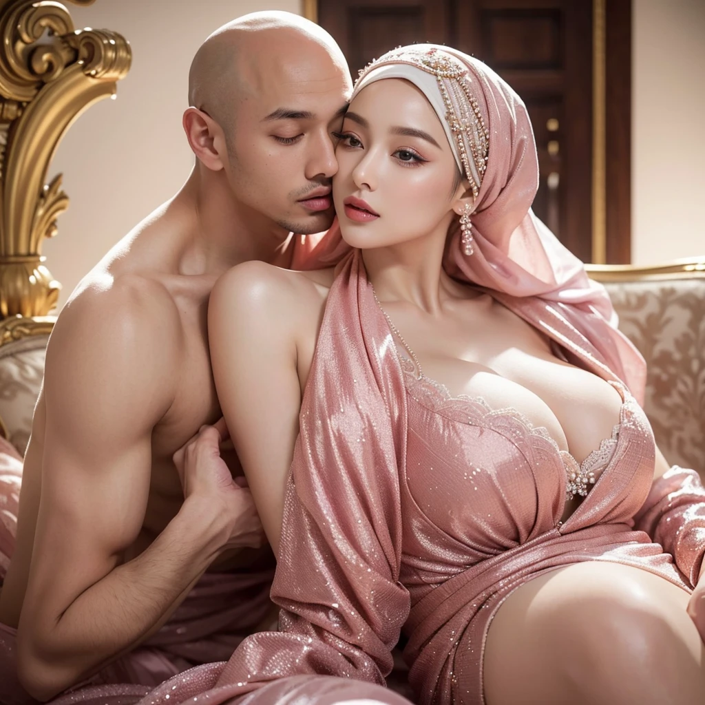 Sex intercourse A stylish and graceful young woman wearing a hijab from a privileged society, a pink hijab covering all the hair, her delicate face exudes beauty and posture, presenting herself in a luxurious silk dress, accompanied by intricate lace and fine embroidered portraits. Chest revealing dress reveals Beautiful breasts, braless, medium breasts, breasts with beads of sweat , Every careful brush stroke captures the essence of luxury, from the sparkling jewels adorning it to the intricate hairdo that frames her face perfectly. The image exudes an aura of wealth and status, transporting the spectacle into the glamorous world of high society. With a bald, black man hugging her from behind, without pants, his nose was kissing her neck