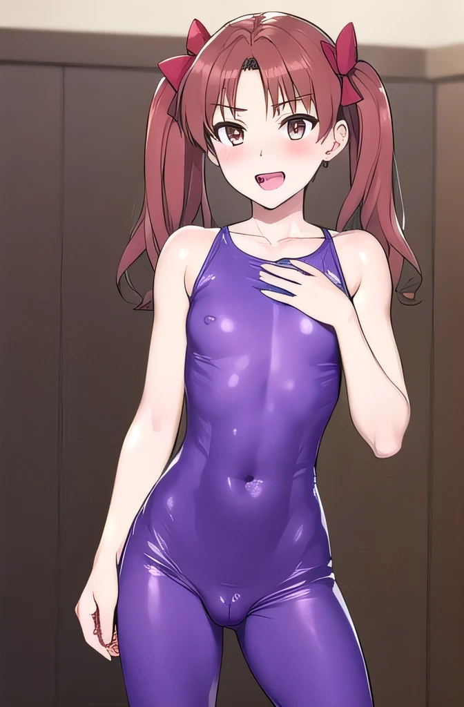 1 Futanari girl:1.3, alone, Long Hair, chest, View Viewer, blush, smile, Open your mouth, Brown Hair, shirt, bow, Twin tails, Brown eyes,, indoor, erection:1.3,Period expansion, futanari:1.4, erection under clothes:1.5,shirai kuroko,Super big ,Wearing a gold unitard、Ahegao:1.87