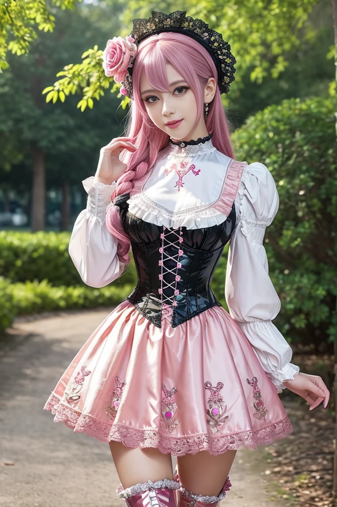 sexy stylish Swedish model, only 1 female, ((doll-like appearance)), long neon pink stylish hair, ((ultra detailed shiny Victorian-Style boots)), (open smile), ultra detailed eyes, vivid eye makeup, lipgloss, long lashes, defined eyebrows, ((sexy Paradise Kiss cosplay)), bell-shaped skirt, petticoats, high neckline, puffed sleeves, (( ultra detailed lace)), ((ultra detailed embroidery)), intricate details, Paradise Kiss accessoires and matching headpiece, choker, ((large sparkling Paradise Kiss jewelry)), cinematic light, detailed large park background with trees 