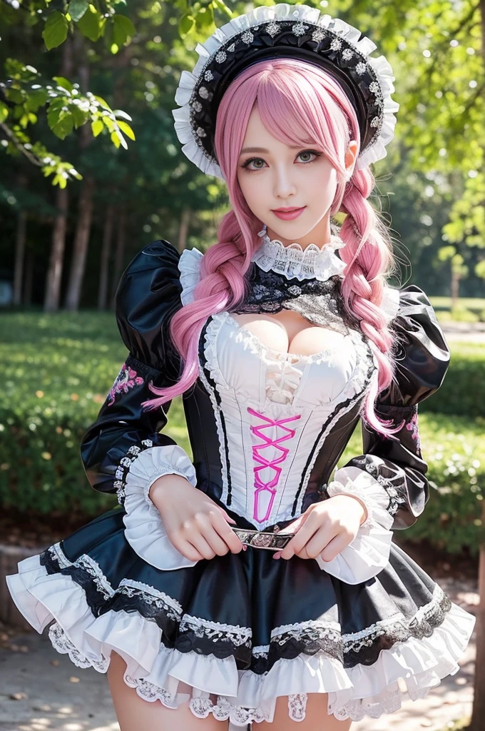 sexy stylish Swedish model, only 1 female, ((doll-like appearance)), long neon pink stylish hair, ((ultra detailed shiny Victorian-Style boots)), (open smile), ultra detailed eyes, vivid eye makeup, lipgloss, long lashes, defined eyebrows, ((sexy Paradise Kiss cosplay)), bell-shaped skirt, petticoats, high neckline, puffed sleeves, (( ultra detailed lace)), ((ultra detailed embroidery)), intricate details, Paradise Kiss accessoires and matching headpiece, choker, ((large sparkling Paradise Kiss jewelry)), cinematic light, detailed large park background with trees