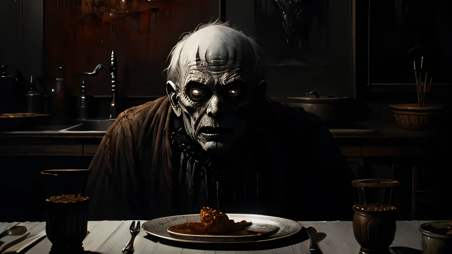 " On the plate, Painting by Beksinsky, Bernie Wrightson, Trending on ArtStation, horrorporn film, creepypasta"