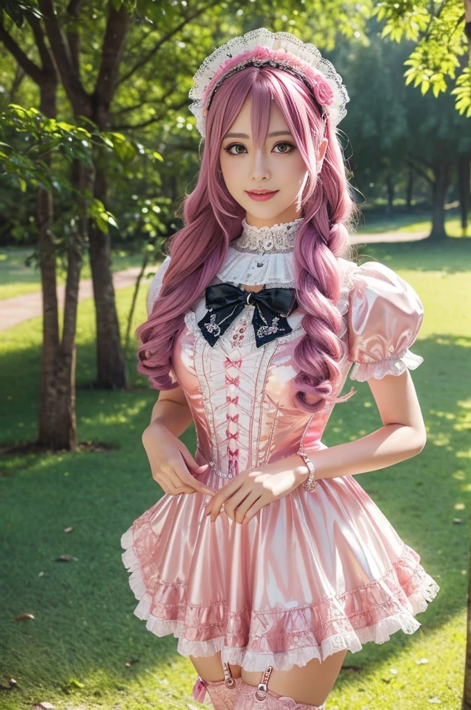 sexy stylish Swedish model, only 1 female, ((doll-like appearance)), long neon pink stylish hair, ((ultra detailed shiny Victorian-Style boots)), (open smile), ultra detailed eyes, vivid eye makeup, lipgloss, long lashes, defined eyebrows, ((sexy Paradise Kiss cosplay)), bell-shaped skirt, petticoats, high neckline, puffed sleeves, (( ultra detailed lace)), ((ultra detailed embroidery)), intricate details, Paradise Kiss accessoires and matching headpiece, choker, ((large sparkling Paradise Kiss jewelry)), cinematic light, detailed large park background with trees