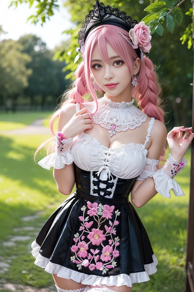 sexy stylish Swedish model, only 1 female, ((doll-like appearance)), long neon pink stylish hair, ((ultra detailed shiny Victorian-Style boots)), (open smile), ultra detailed eyes, vivid eye makeup, lipgloss, long lashes, defined eyebrows, ((sexy Paradise Kiss cosplay)), bell-shaped skirt, petticoats, high neckline, puffed sleeves, (( ultra detailed lace)), ((ultra detailed embroidery)), intricate details, Paradise Kiss accessoires and matching headpiece, choker, ((large sparkling Paradise Kiss jewelry)), cinematic light, detailed large park background with trees
