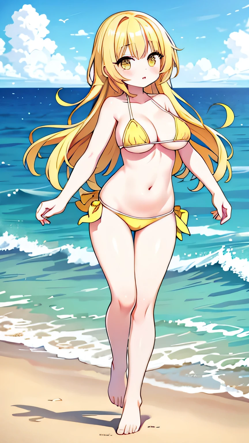 Full body, short, yellow eyes, yellow hair, large breasts, cute, baby face, yellow bikini, barefoot, full body, ocean background, half-twin