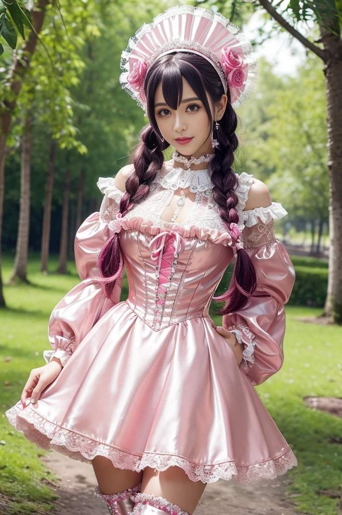 sexy stylish Swedish model, only 1 female, ((doll-like appearance)), long neon pink stylish hair, ((ultra detailed shiny Victorian-Style boots)), (open smile), ultra detailed eyes, vivid eye makeup, lipgloss, long lashes, defined eyebrows, ((sexy Paradise Kiss cosplay)), bell-shaped skirt, petticoats, high neckline, puffed sleeves, (( ultra detailed lace)), ((ultra detailed embroidery)), intricate details, Paradise Kiss accessoires and matching headpiece, choker, ((large sparkling Paradise Kiss jewelry)), cinematic light, detailed large park background with trees 