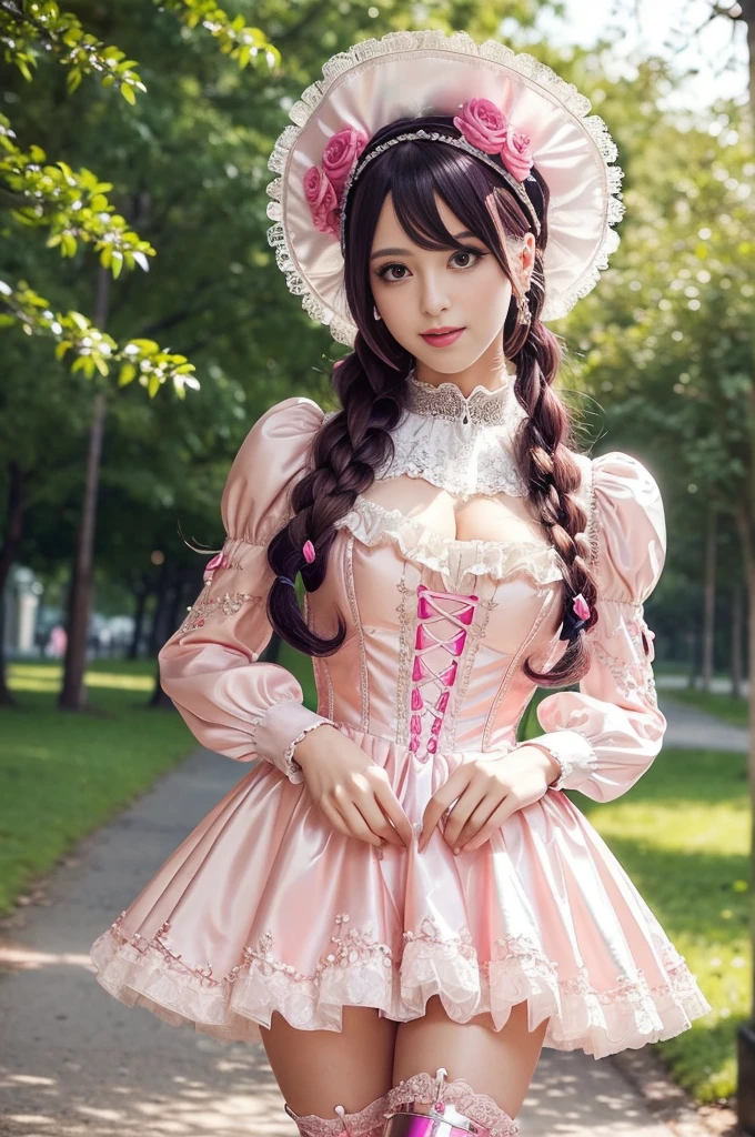 sexy stylish Swedish model, only 1 female, ((doll-like appearance)), long neon pink stylish hair, ((ultra detailed shiny Victorian-Style boots)), (open smile), ultra detailed eyes, vivid eye makeup, lipgloss, long lashes, defined eyebrows, ((sexy Paradise Kiss cosplay)), bell-shaped skirt, petticoats, high neckline, puffed sleeves, (( ultra detailed lace)), ((ultra detailed embroidery)), intricate details, Paradise Kiss accessoires and matching headpiece, choker, ((large sparkling Paradise Kiss jewelry)), cinematic light, detailed large park background with trees 