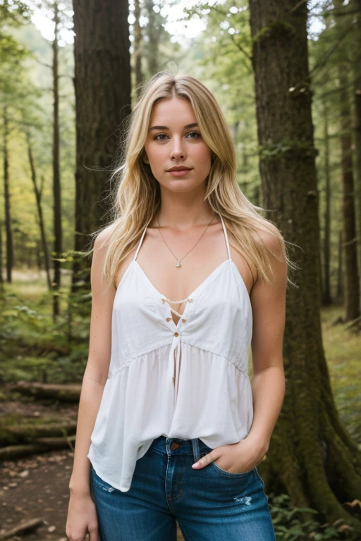 Foto einer Frau, Strukturierte Haut, blonde glatte haare, kariertes Flanellhemd mit Distressed-Boyfriendjeans, Cowboy-Schuss, Resting in the woods on a white, perfekte Augen, (Kerzenlicht,Chiaroscuro), 160 Farbhalter, gedreht mit ARRI ALEXA 65, bokeh, scharfer Fokus auf das Motiv