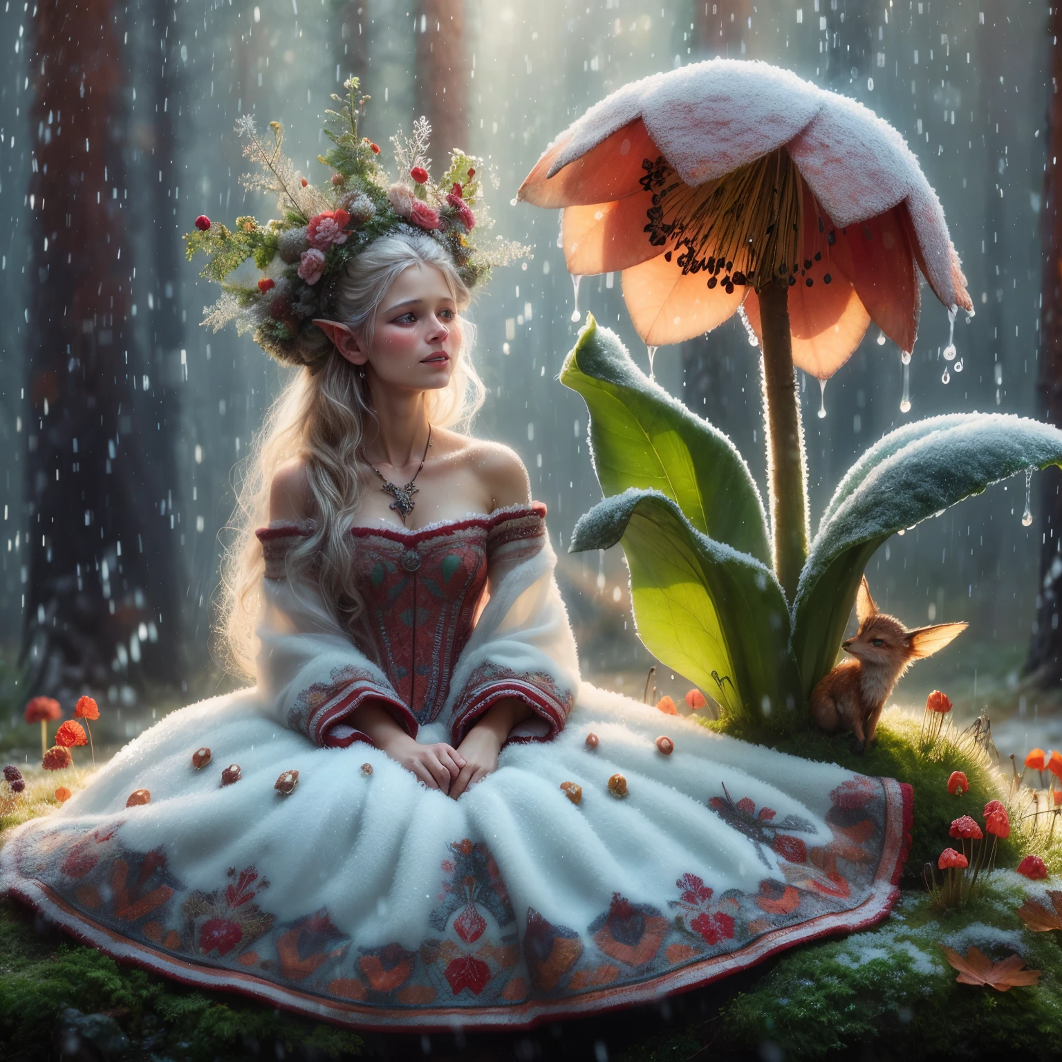 Winter Queen beautiful Swedish lady wearing a gaussian gown made of snow, a diminutive gently crying pixie with tears as big as dew drops sitting in the rain on a leaf covered by moss under a large flower with a hole in it where rain gets in, rainy forest background, tiny flowers, sparkling with dew and rain drops, red orange and yellow colors through dappled sunlight
