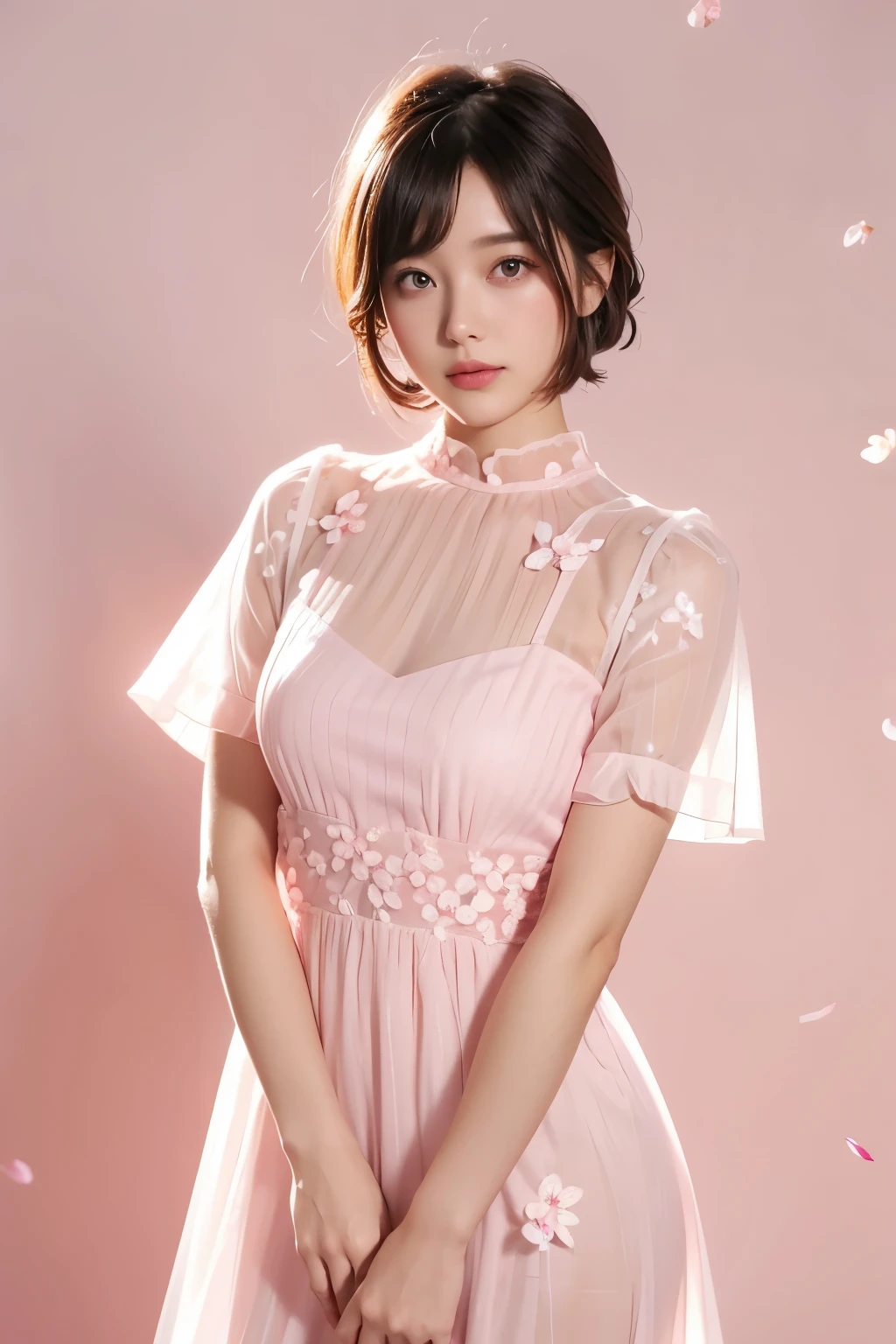Beautiful woman wearing a translucent short-sleeved dress in a pink and white gradient, Magazines, Flower background, Short cut,