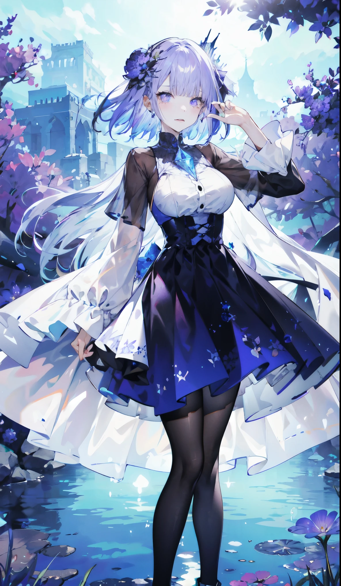 ((masterpiece:1.4,best quality)),(Super detailed),(Extremely detailed eyes),(Black leggings,Shiny socks:1.5),Hello Darkness
((Sexy Girl,Large Breasts)),(Blood-red pupils,Diamond-shaped pupil:1.15),Purple Eyeshadow,(Elongated hair,Thick hair,shiny hair:1.5)(Variza:1.2),Fair skin,despair,Grief,Empty eyes,Tears streaming down my face,tilt head to one side,Kneel down
(She wears blue armor,A blue dress,:1.5),Very long plush sleeves,White,White Cloud,Dream bubbles ,Ice and glitter effects
(Black long skirt:1.1),
(dawn:1.2),
(Intense black and white:1.16),(Depth of Field:1.4),,Intricate details,(Sky Castle,Standing on the lake,Purple flowers by the lake)
