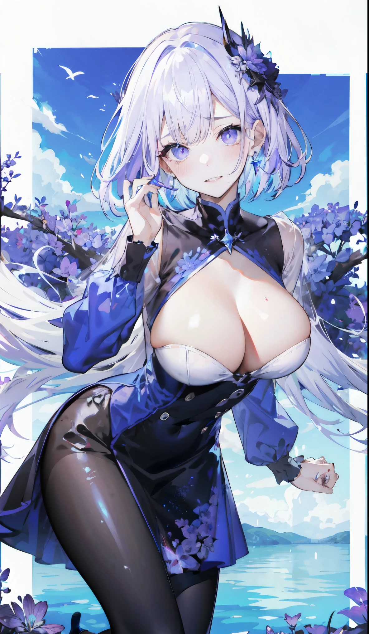 ((masterpiece:1.4,best quality)),(Super detailed),(Extremely detailed eyes),(Black leggings,Shiny socks:1.5),Hello Darkness
((Sexy Girl,Large Breasts)),(Blood-red pupils,Diamond-shaped pupil:1.15),Purple Eyeshadow,(Elongated hair,Thick hair,shiny hair:1.5)(Variza:1.2),Fair skin,despair,Grief,Empty eyes,Tears streaming down my face,tilt head to one side,Kneel down
(She wears blue armor,A blue dress,:1.5),Very long plush sleeves,White,White Cloud,Dream bubbles ,Ice and glitter effects
(Black long skirt:1.1),
(dawn:1.2),
(Intense black and white:1.16),(Depth of Field:1.4),,Intricate details,(Sky Castle,Standing on the lake,Purple flowers by the lake)