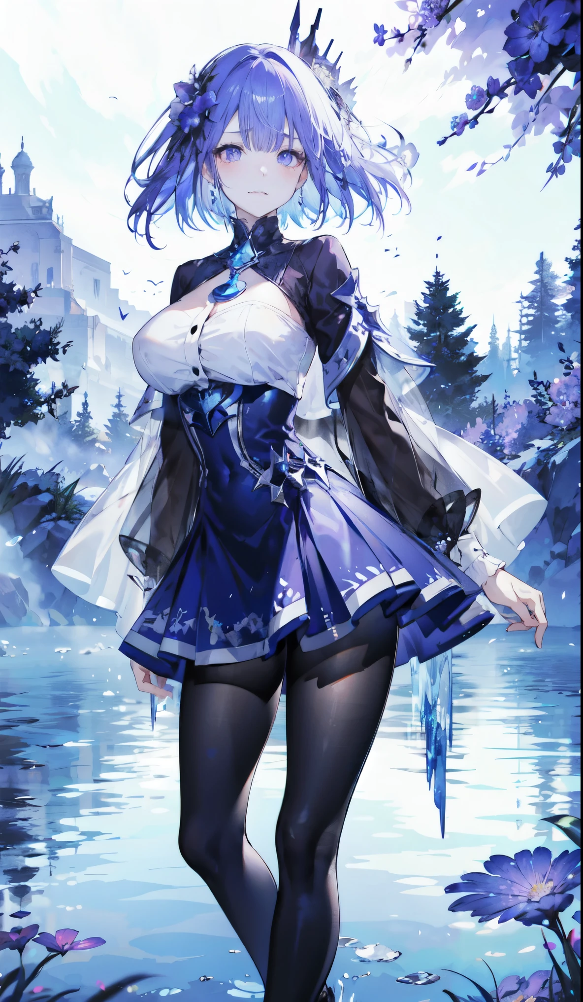 （（masterpiece：1.4，best quality）），（Super detailed），（Extremely detailed eyes），（Black leggings，Shiny socks：1.5），Hello Darkness
((Sexy Girl，Large Breasts))，（Blood-red pupils，Diamond-shaped pupil：1.15），Purple Eyeshadow，（Elongated hair，Thick hair，shiny hair：1.5）（Variza：1.2），Fair skin，despair，Grief，Empty eyes，Tears streaming down my face，tilt head to one side，Kneel down
（She wears blue armor，A blue dress，：1.5），Very long plush sleeves，White，White Cloud，Dream bubbles ，Ice and glitter effects
（Black long skirt：1.1），
（dawn：1.2），
（Intense black and white：1.16），（Depth of Field：1.4），，Intricate details，(Sky Castle，Standing on the lake，Purple flowers by the lake)
